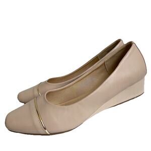 Anne Klein Mildred Nude Low Wedge Cap Toe Slip On Shoes 10 M iFlex Padded Insole